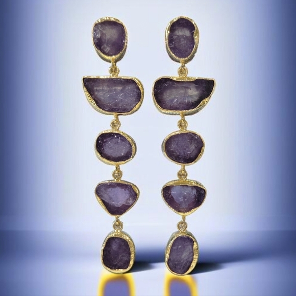 Designer Jewelry - 22k Gold Plated Genuine Raw Amethyst Crystal Long Dangle Earrings